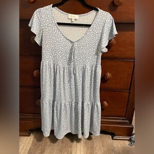 Jessica Simpson L knit blue ditsy flower babydoll knit tiered mini dress scoop